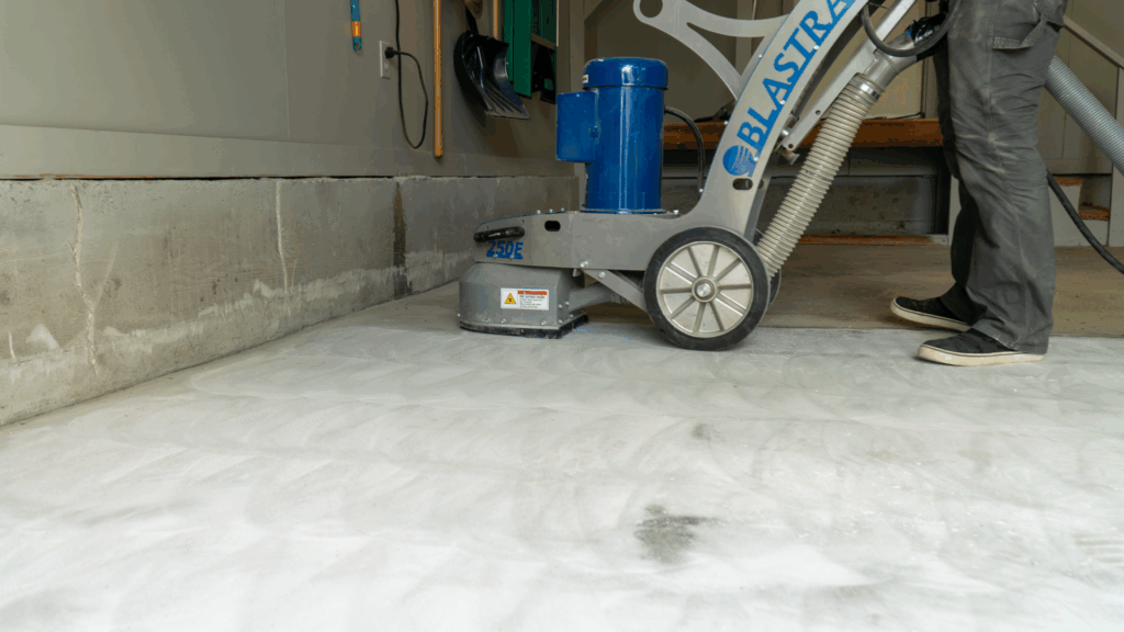 Concrete grinding during garage floor coating surface preparation before epoxy or polyaspartic installation.