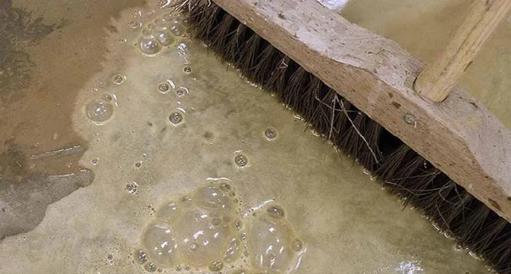 Failed DIY garage floor coating bubbling and lifting during acid etching prep with push broom on Kansas City concrete slab